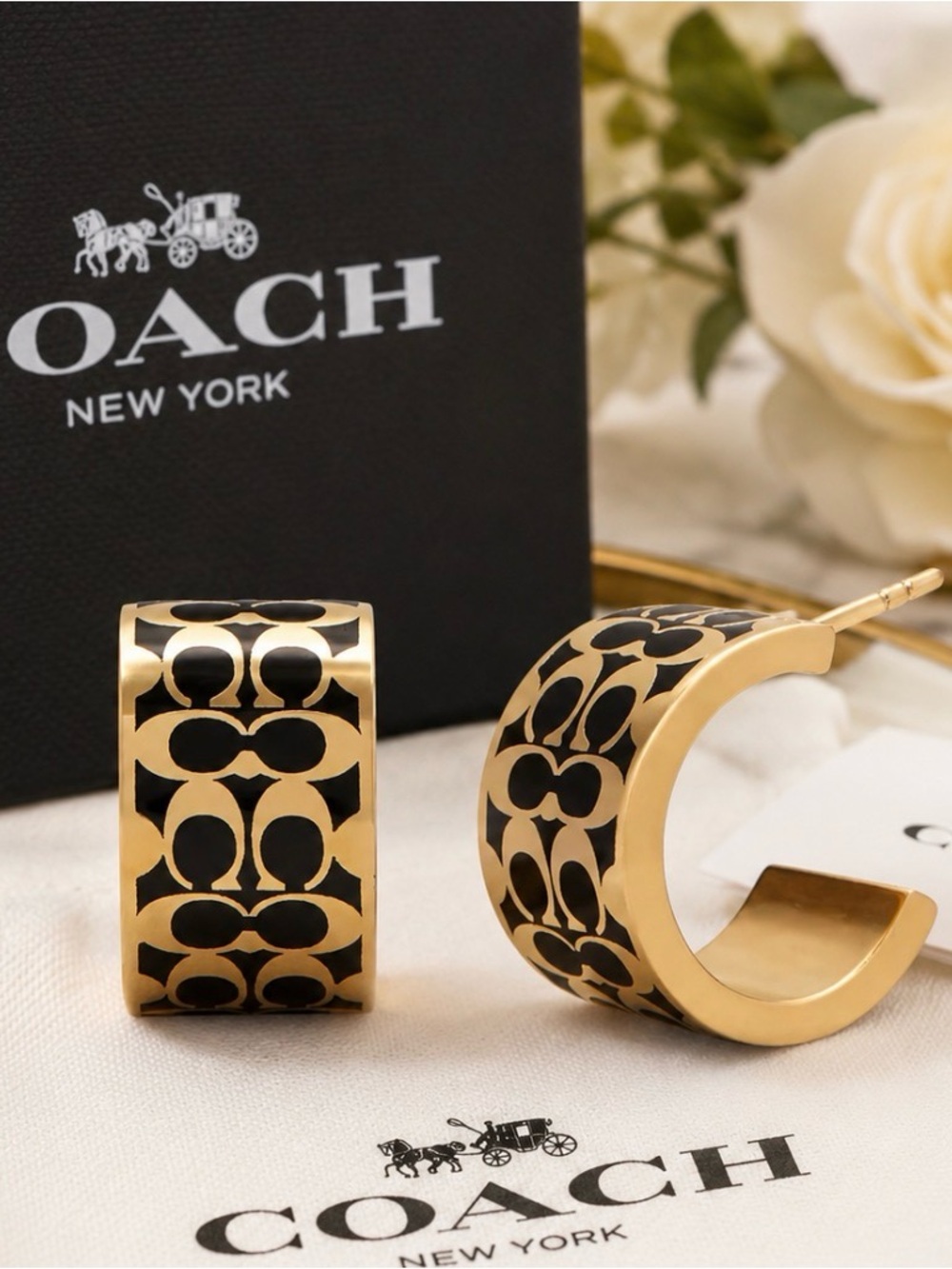 Coach Black & Gold Signature Cuff Hoop Earrings